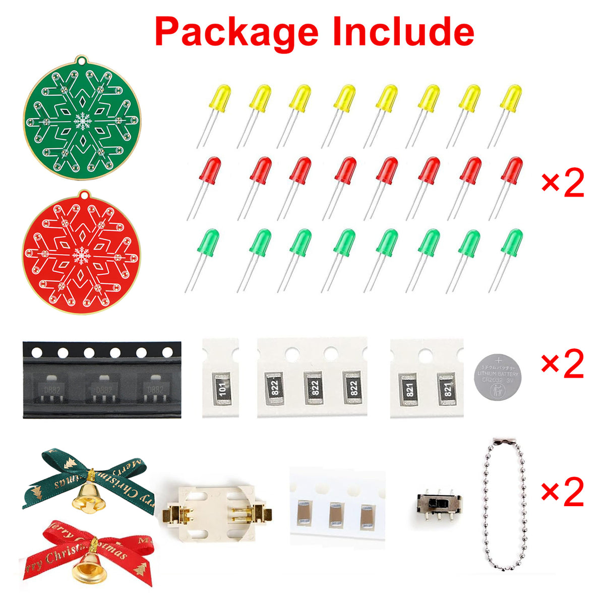 Treedix Kit per imparare a saldare, 2 pezzi, Natale: Kit saldatura per principianti, albero di Natale LED lampeggiante fai-da-te e decorazione a fiocco di neve, divertente progetto elettronico per la scuola e l'apprendimento a casa