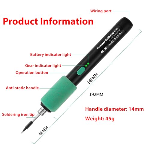 Cordless Soldering Iron Kit, 5V 15W Mini Portable Soldering Iron, 500-842°F Adjustable Temp, 8s Fast Heat-up, 3 Soldering Iron Tips, USB-C Wireless Soldering Pen with Box for Work