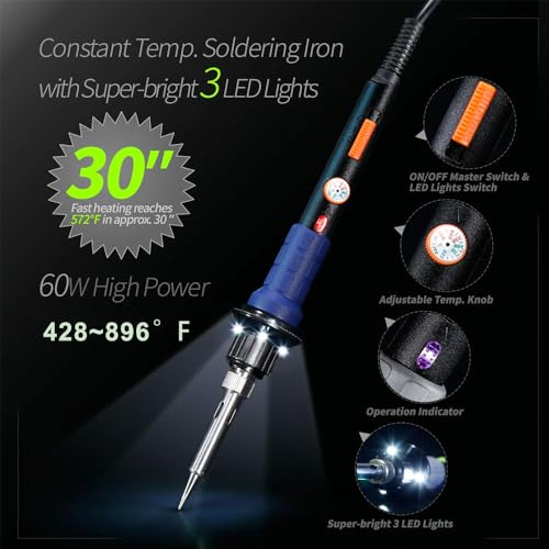 Treedix 60W 13 in 1 Soldering Iron Kit with with 3 LED Light Portable Soldering Gun Welding Tool 5 pcs Solder Tips for Metal,Jewelry,Electric Repair