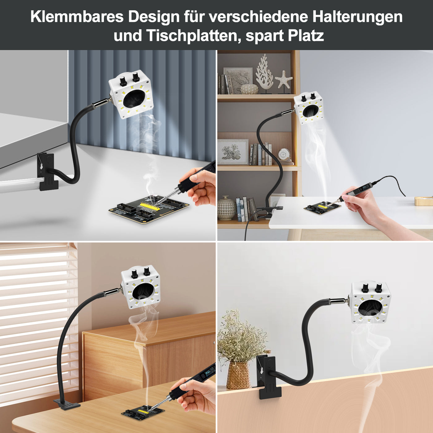 Treedix Extractores de Humo y Vapores de Soldadura, Ventilador de Velocidad Ajustable, Luz LED Regulable, Cuello de Cisne de Silicona con Filtros de Carbón y Manguera de Escape para Estación de Soldadura (Negro)