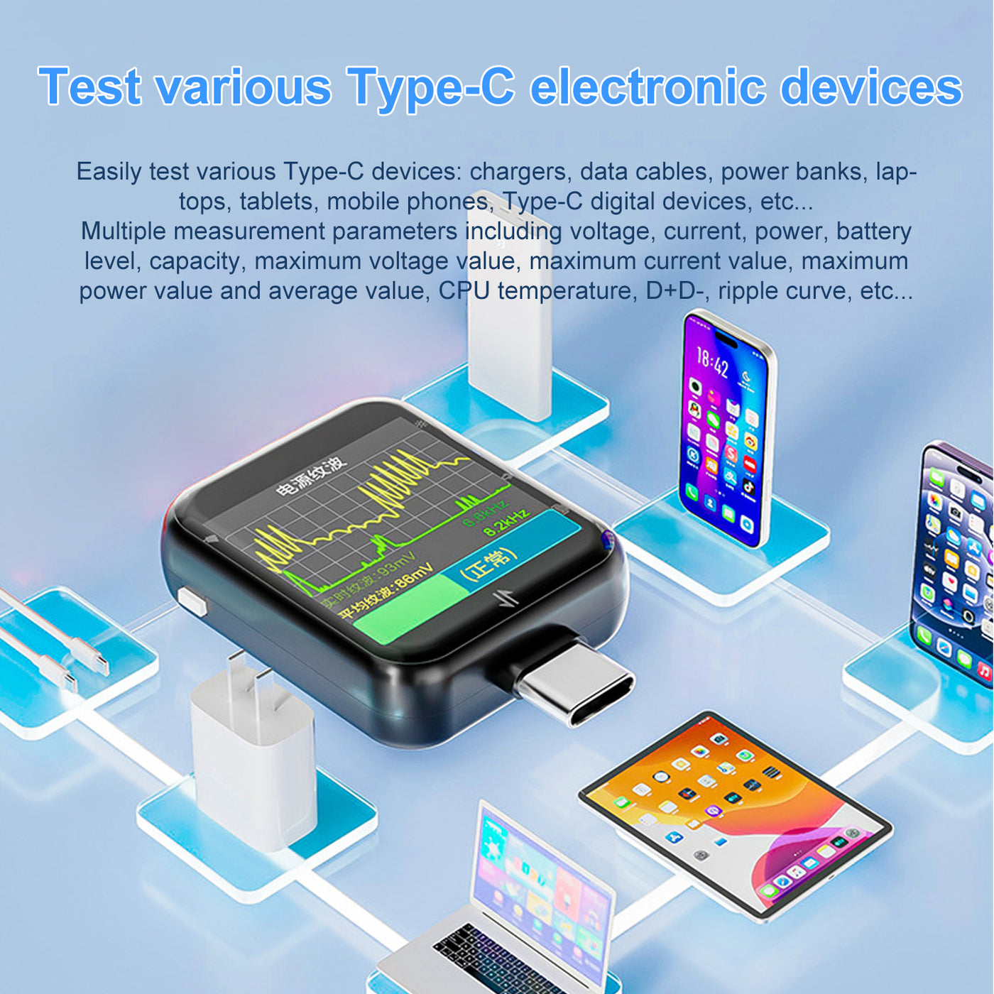 Treedix Touch Screen USB Tester, High-Precision Digital Multimeter, USB Voltmeter Ammeter, 6-in-1 with Gravity Sensing, Level, Barometer, Altimeter, Ripple Measurement, Curve Graph, Battery Capacity Tester