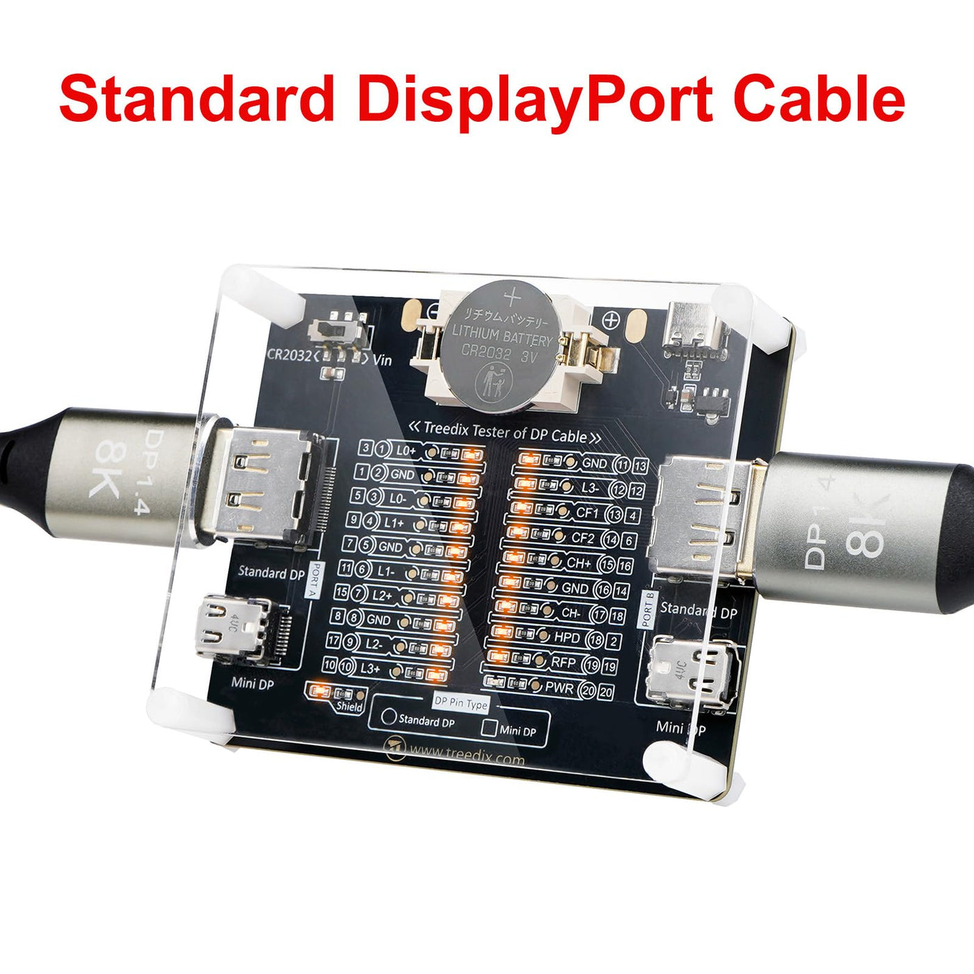 Treedix DisplayPort-Kabeltester für Standard-DisplayPort-Kabel und Mini-DisplayPort-Kabel, 20 LED-Anzeigen zur Überprüfung von Störungen, Kurzschlüssen und offenen Leitungen für DP1.0, 1.1, 1.2,1.2a, 1.3, 1.4, 2.0, 2.1