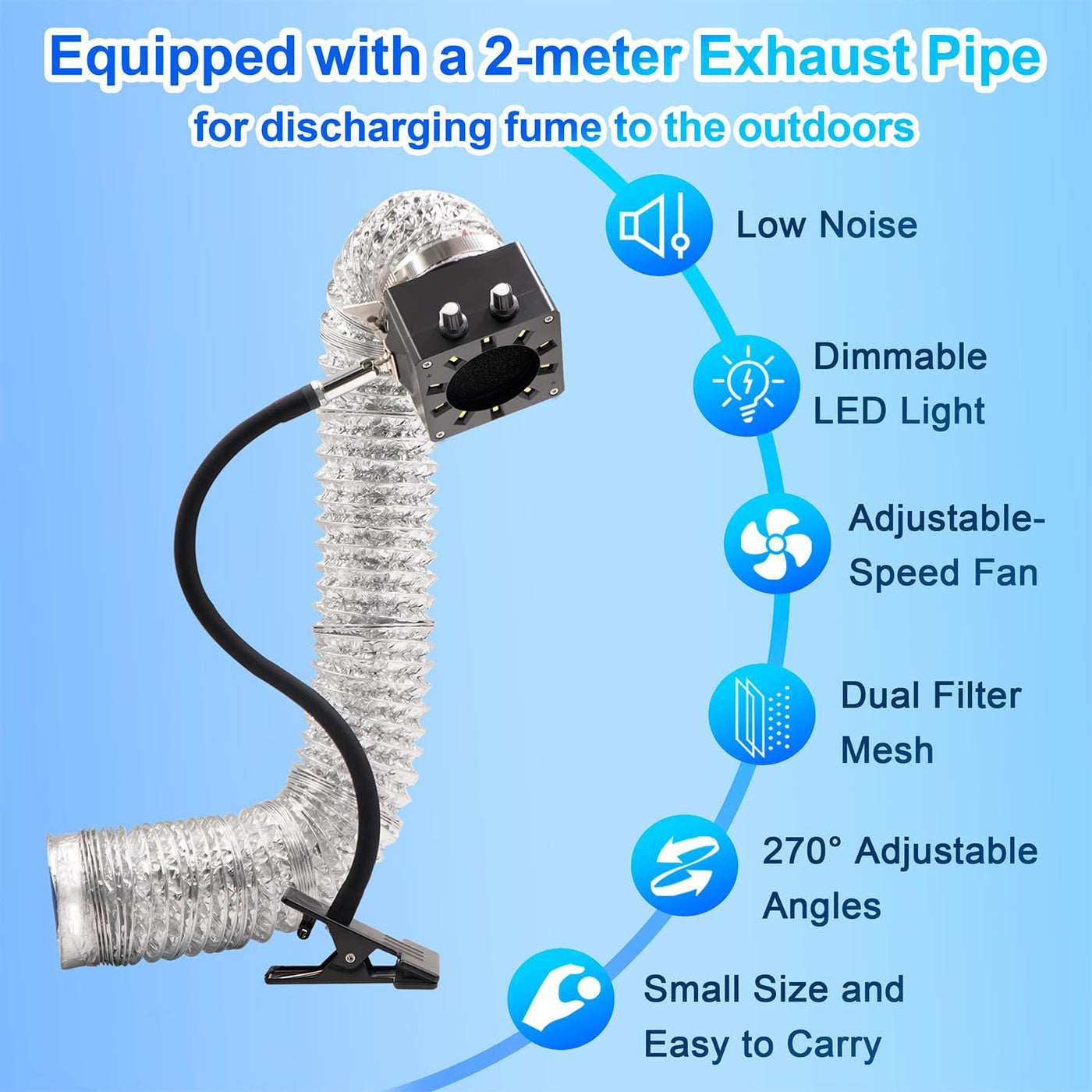 Treedix Extractores de Humo y Vapores de Soldadura, Ventilador de Velocidad Ajustable, Luz LED Regulable, Cuello de Cisne de Silicona con Filtros de Carbón y Manguera de Escape para Estación de Soldadura (Negro)