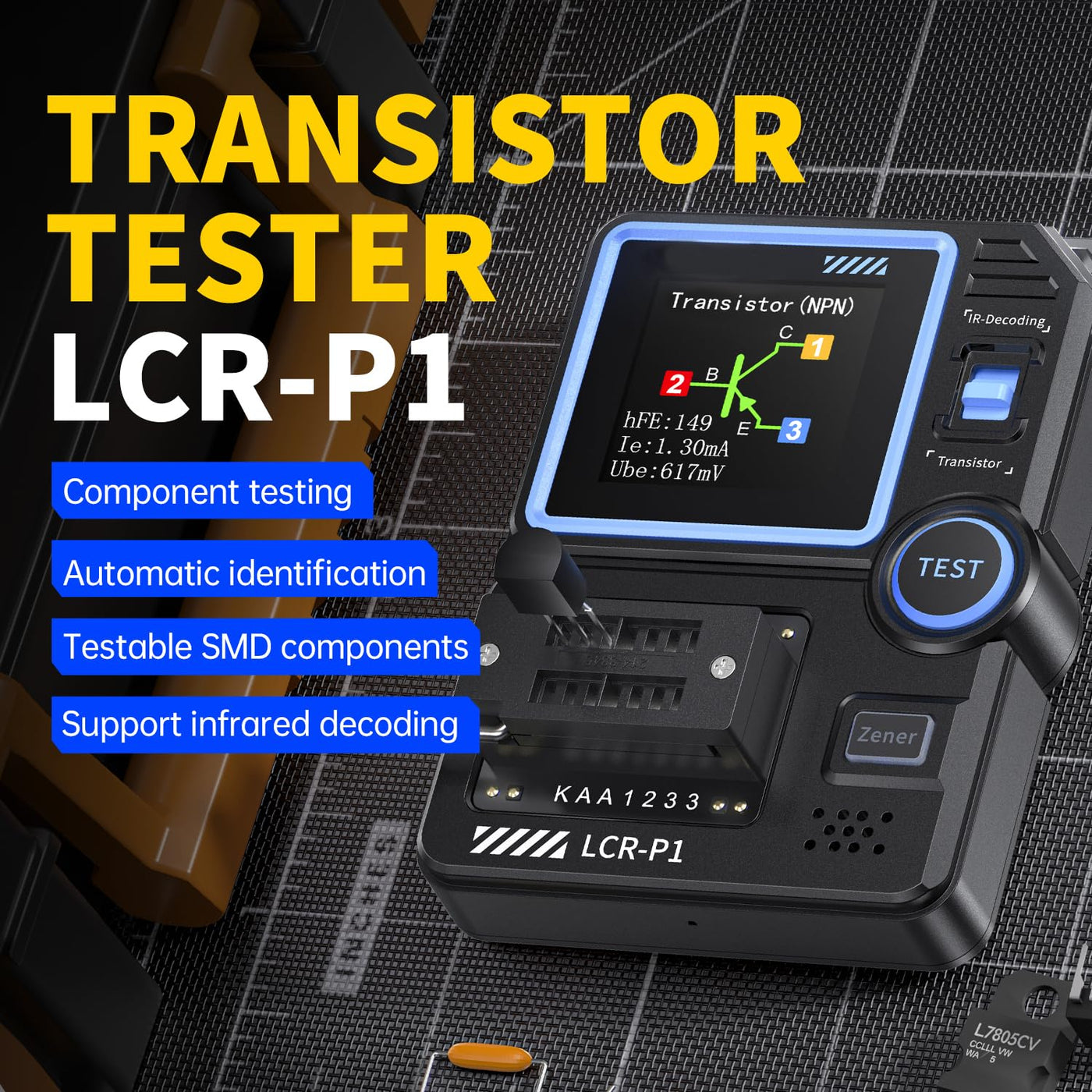 Treedix LCR-P1 Transistor Tester, Automatic Identification Component LCR ESR Meter Transistor Meter, Transistor Capacitor Tester Decoding Transistor Diode Resistor Inductor Support NRC Infrared Signal