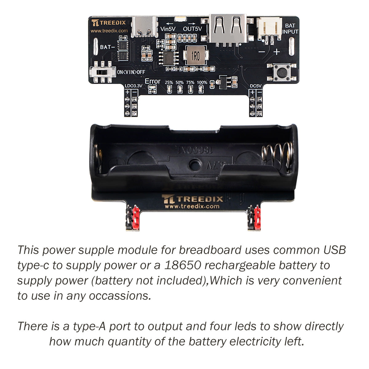 Treedix Módulo de Alimentación para Protoboard de Prototipado 3.3V 200mA 5V 2A, equipado con puerto de carga USB Tipo-C, puerto de salida Tipo-A y soporte para batería recargable, módulo de carga para Arduino