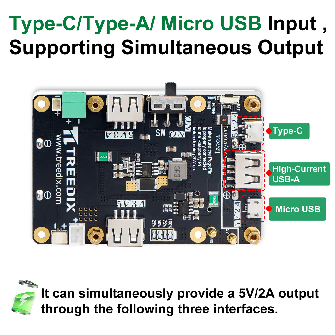 Treedix 5V Uninterruptible Power Supply for Raspberry Pi，Simultaneous Charge & Output, Provides Power Supply via Pogo Pins, High-Power Boost Circuit Compatible with Raspberry Pi zero/2B/3B/3B+/4B