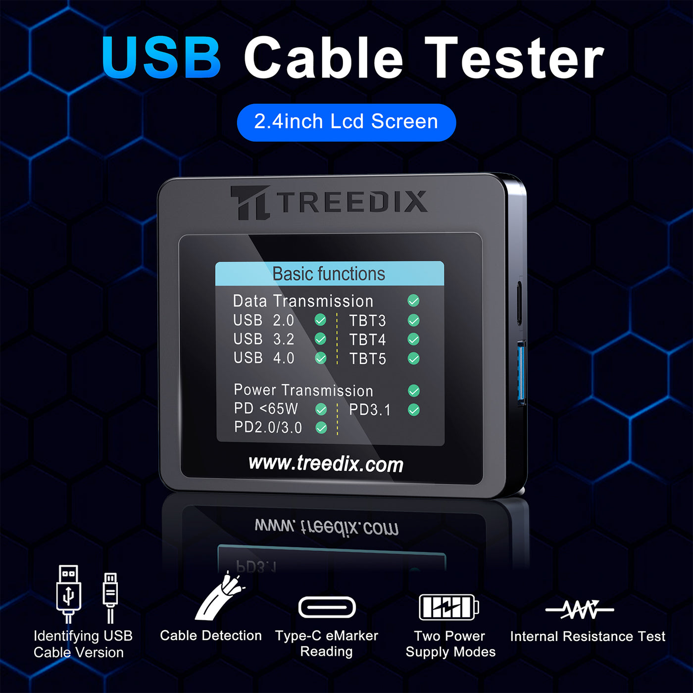 Treedix USB-Kabeltester mit 2,4-Zoll-Farbbildschirm für eMarker-Lesung, PD 3.0/3.1 Erkennung, Widerstands- und Durchgangsprüfung, kompatibel mit Lightning-, Typ-C-, Micro-B 2.0/3.0- und Mini-B-Kabeln