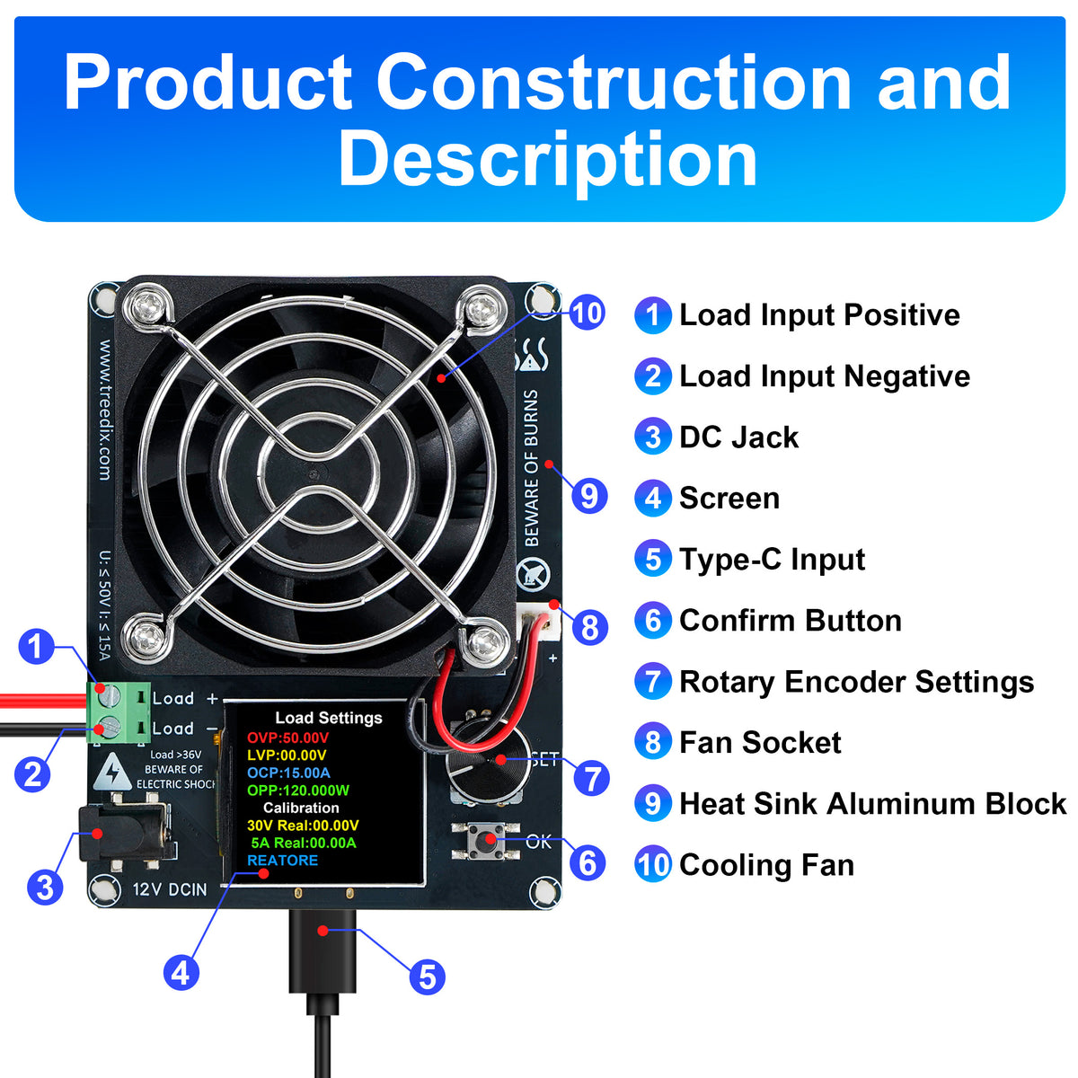 Treedix 120W Mini Electronic Load Tester Constant Current Discharge Module Battery Load Tester with Color Screen for Li-ion Capacity Data Monitoring