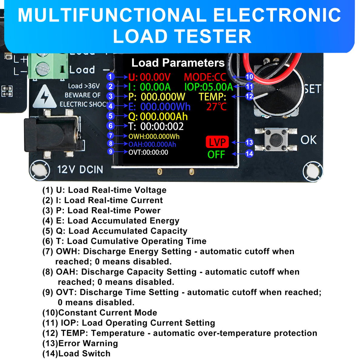 Treedix 120W Mini Electronic Load Tester Constant Current Discharge Module Battery Load Tester with Color Screen for Li-ion Capacity Data Monitoring