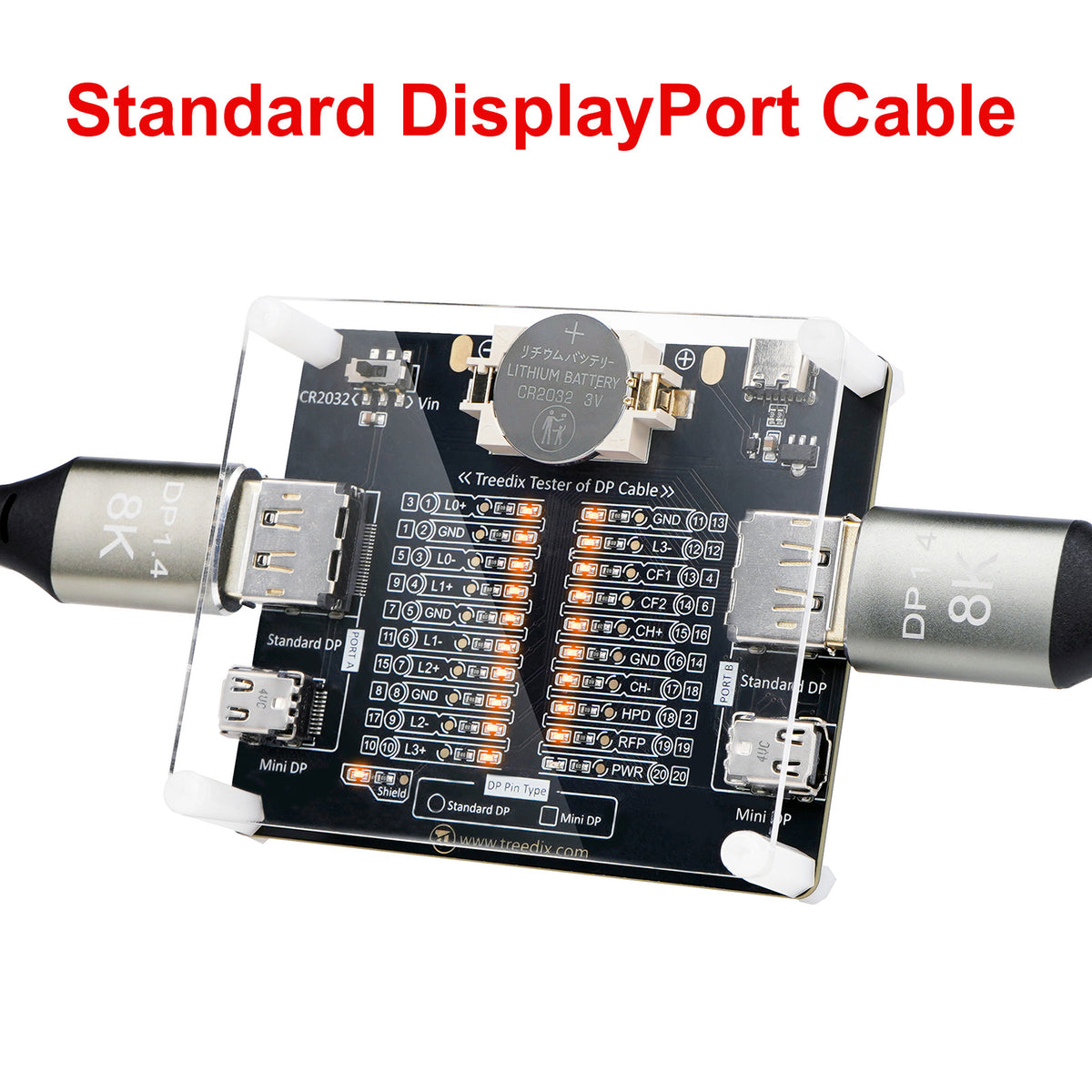 Treedix Tester per cavi DisplayPort per cavi DisplayPort standard e Mini DisplayPort, indicatore di stato a 20 LED per verificare cortocircuiti, circuiti aperti o disordini per DP1.0, 1.1, 1.2, 1.2a, 1.3, 1.4, 2.0, 2.1