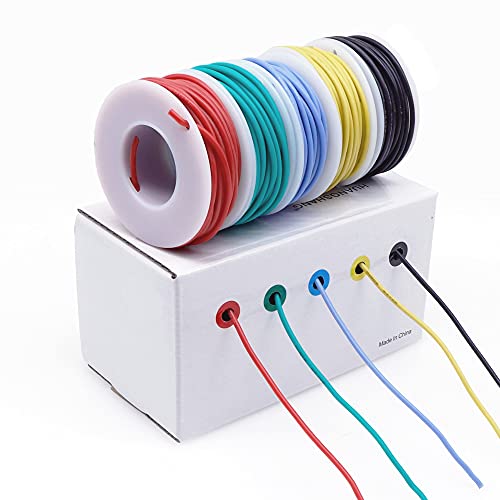 Treedix 5pcs Silicone Electrical Wire Cable Hookup Wires Kit Stranded Tinned Copper Wire Flexible and Soft 5 Colors for DIY